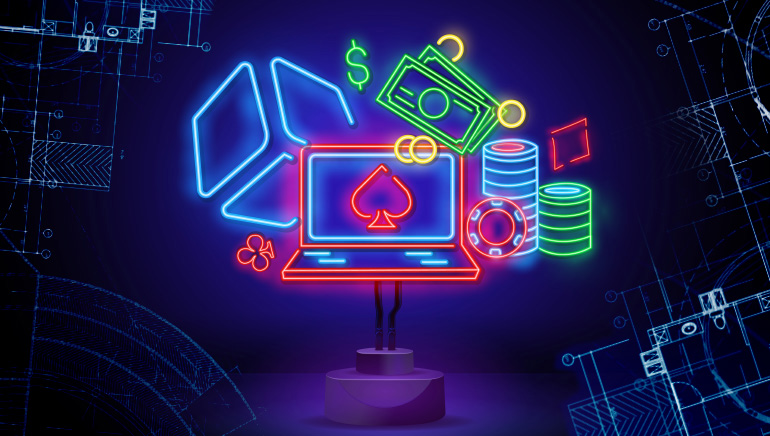 Simbol-simbol kasino neon yang dikelilingi oleh rangka tindakan untuk berperanan sebagai panduan untuk membangunkan ciri-ciri perjudian baharu.