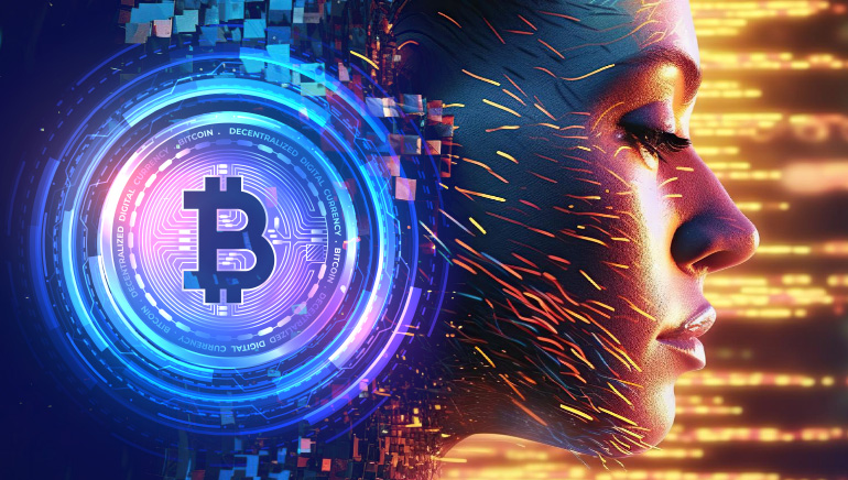 Imej seorang individu AI dan mata wang kripto Bitcoin