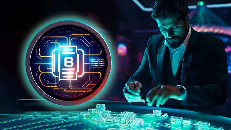 Lelaki berjanggut di meja kasino maya berjudi dengan Bitcoin